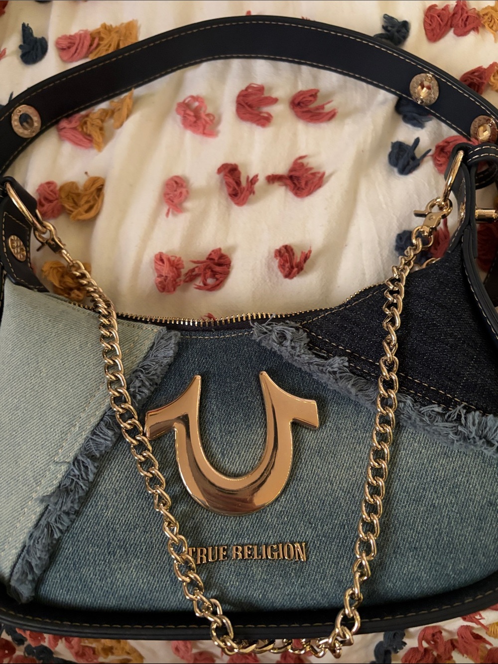 True Religion Two-Tone Denim Shoulder Bag with Gold Hardware